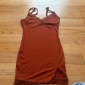 Elegant Lace Trimmed Rust Slip Dress